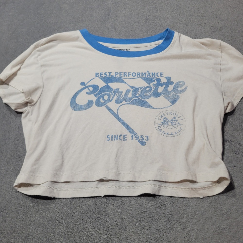 Chemistry Corvette‎ Crop Top Women Large Cream Blue Ringer Racing Tee Raw Hem GM